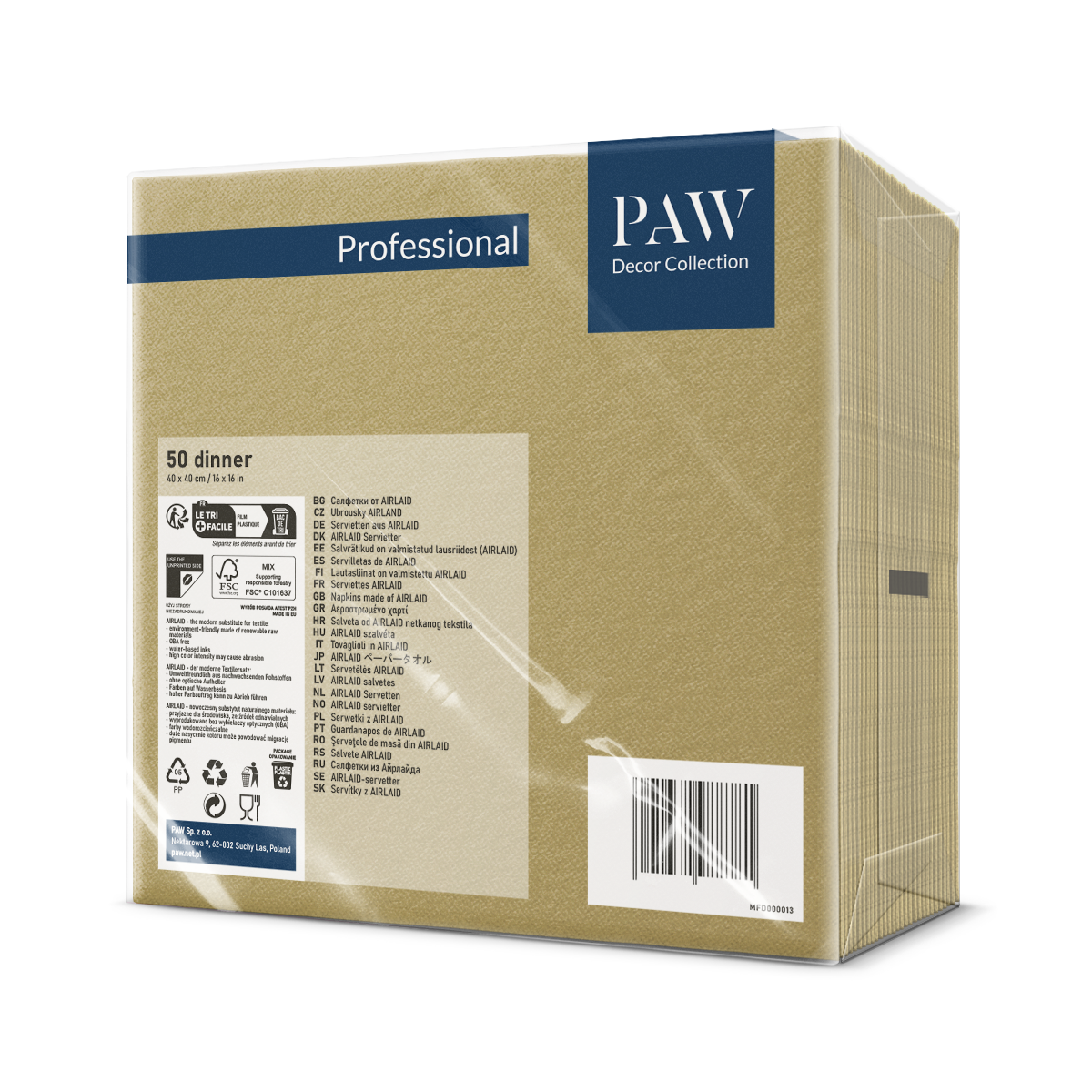 SERWETKI flizelinowe PAW 40x40 ZŁOTE 50 szt. - obrazek 2