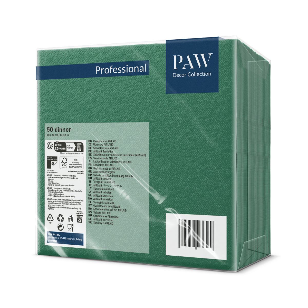 SERWETKI flizelinowe PAW 40x40 ZIELONE 50 szt. - obrazek 2